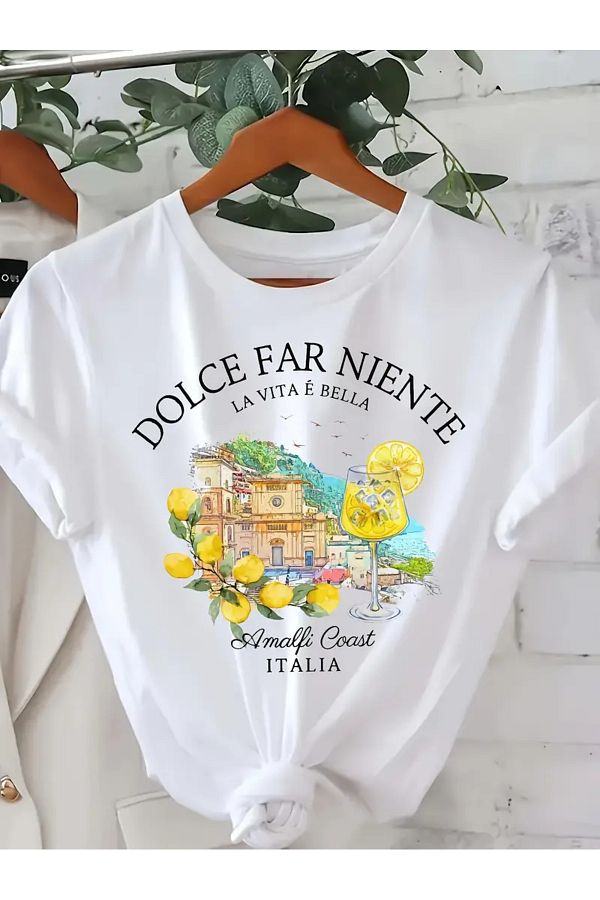 LEIVOR Amalfi Coast Printed La Vita e Bella Women s White T Shirt Trendyol