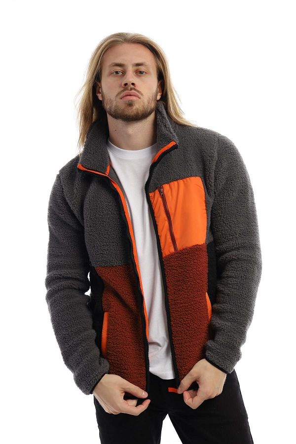 Polo State Men s Stand Collar Pieced Plush Fleece Jacket Gray Trendyol