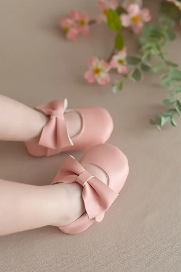 First Step-Pink Baby Girl Faux Leather Bow Ballerina Booties First Step Shoes 1