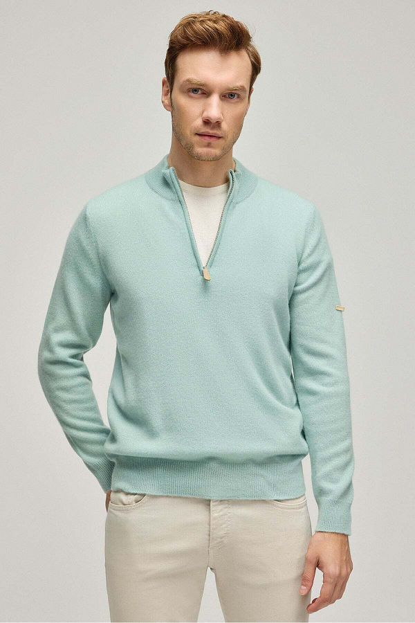 Silk and Cashmere Light Green Men s Cashmere Sweater with High Collar and Zipper Trendyol