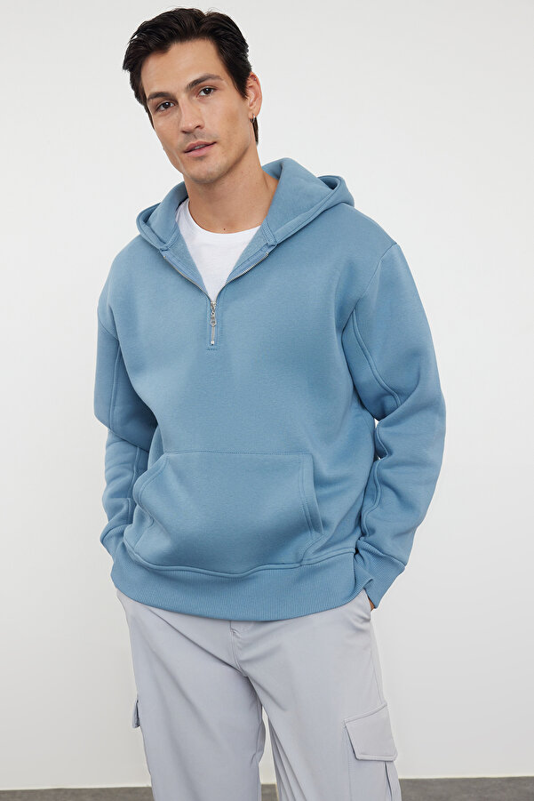 Trendyol Collection Übergroßes blaues Fleece-Sweatshirt mit Kapuze