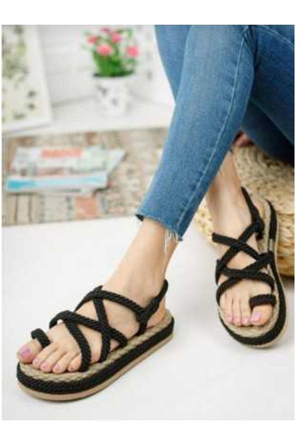 Mirkada-Unisex Black Rope String High Sole Straw Sandals - It is Recommended to Buy 1 Size Larger 1