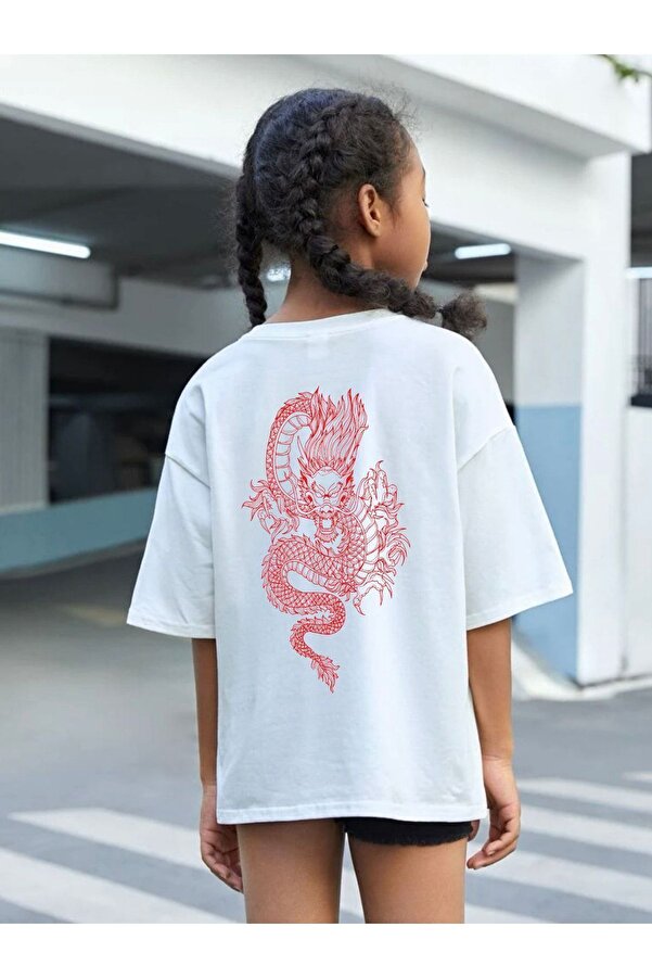 VASK Çocuk Oversize Unisex Dragon Pamuklu Bisiklet Yaka Tişört