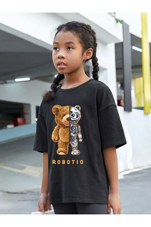 VASK Çocuk Oversize Unisex Robotıo Pamuklu Bisiklet Yaka Tişört