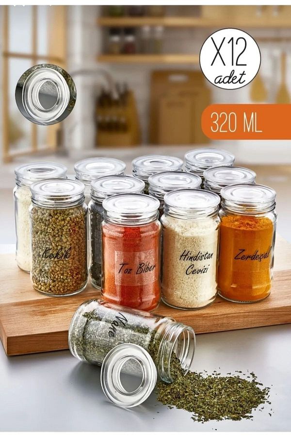 Amentes 12 Pieces Spice Rack Set with Vacuum Lid and Glass Label 330cc