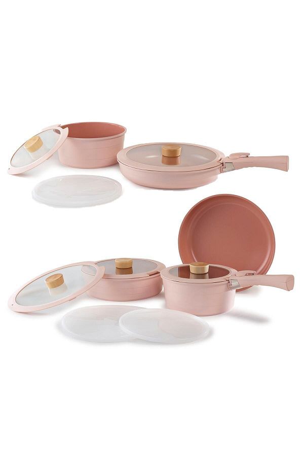 NEOFLAM-Midas Pink ( 9 6 ) 15 Piece Interlocking Pots and Pans Set with Detachable Handle 1