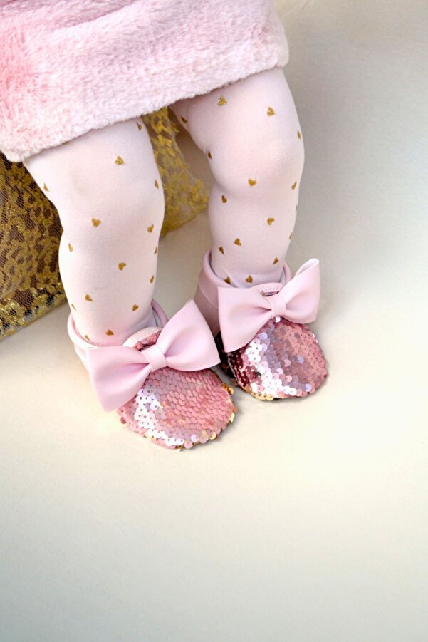 First Step Pembe Gold Pul Payetli Fiyonklu Kız Bebek Babet Patik G-2366