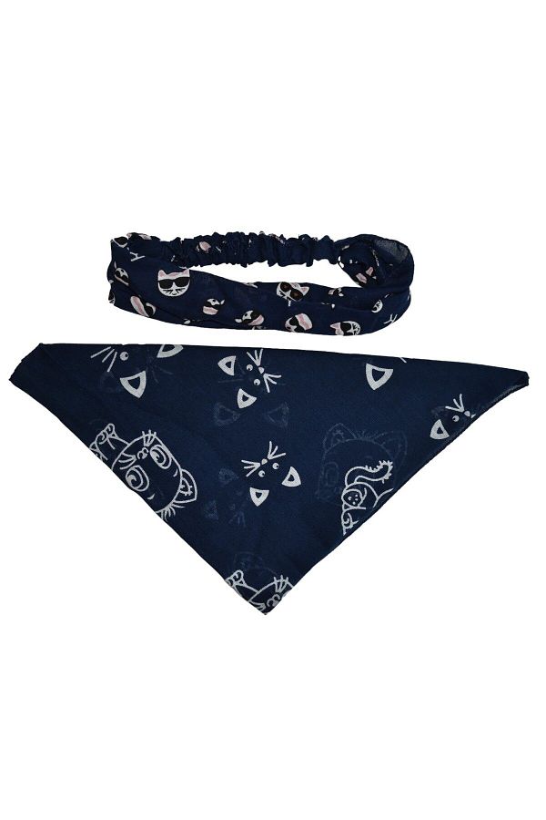 YELPAZE DÜNYASI-Cat Patterned Square and Elastic Parachute Bandana Set of 2 1