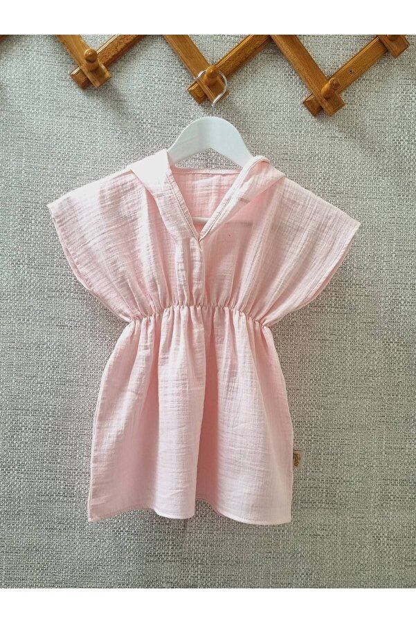 Yada Baby %100 Pamuklu Müslin Bürümcük Kumaş Çocuk&bebek Kapüşonlu Panço Bornoz, Plaj Havlusu (PEMBE RENK)