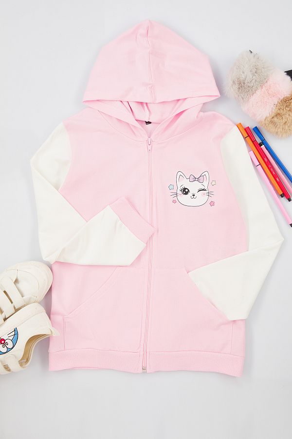 TRENDYOLKIDS Girl s Thin Hooded Pink Seasonal Cardigan Tkdaw25hi00002