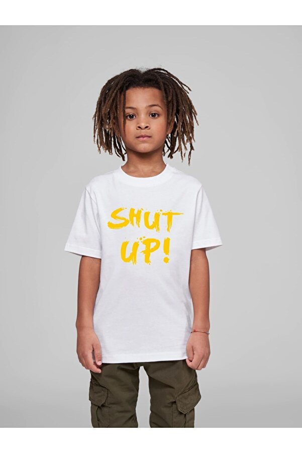 VASK Çocuk Oversize Unisex Shut Up Baskılı Pamuklu Bisiklet Yaka Tişört