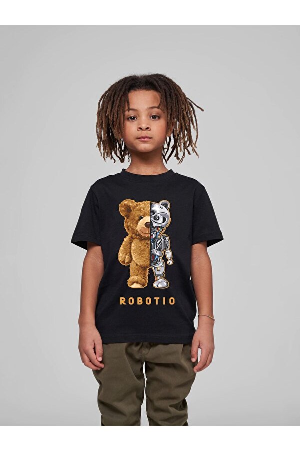 VASK Çocuk Oversize Unisex Robotıo Pamuklu Bisiklet Yaka Tişört