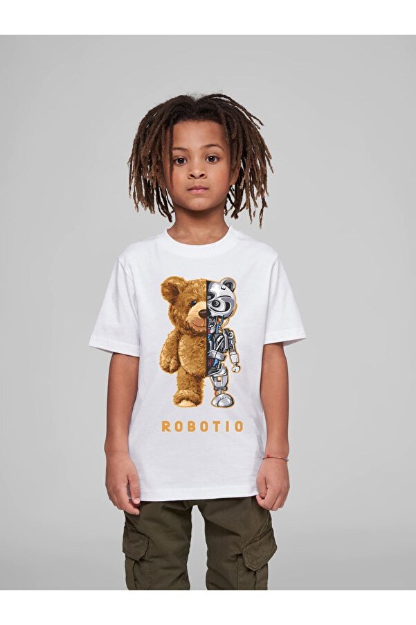 VASK Çocuk Oversize Unisex Robotıo Pamuklu Bisiklet Yaka Tişört