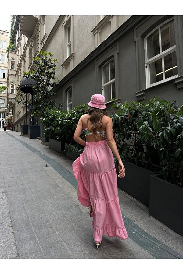 Enie Pink Cotton Midi Skirt Side Ruffles and Slits Trendyol