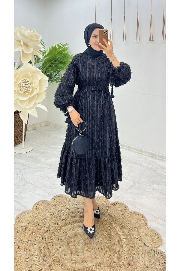 FIRSTESLEM Balloon Sleeve Lined Feather Women s Dress Trendyol