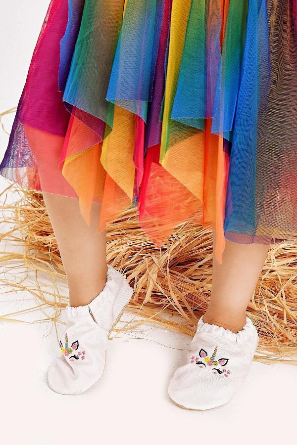 First Step-Unicorn Patterned White Booties - Non-Slip Sole, Slippers Nursery Slippers F-824 1
