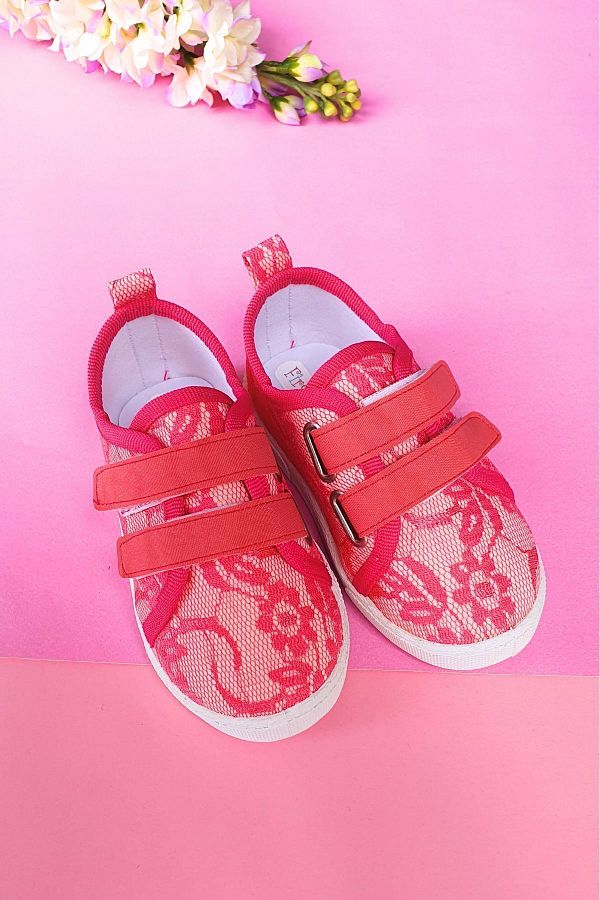 First Step-حذاء رياضي كتان وشريط فيلكرو مزدوج للأطفال-فوشيا-f-4005 1