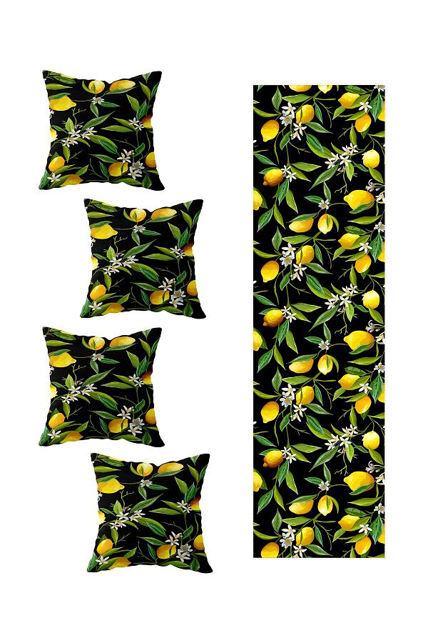 on the clouds-Black Lemon Patterned Living Room Kitchen Table Set - 4 Pieces of Different Ranir Models, Throw Pillow and Runner 1