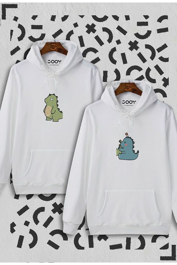 Jooy Company Cute Dinosaur Design Lover Couple Combination White Hooded Sweatshirt Trendyol