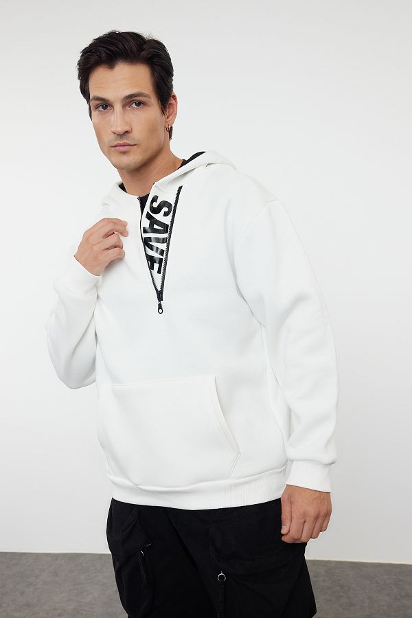 Trendyol Collection-Oversize Ecru Fleecová mikina s kapucí - zip uvnitř Text tištěný Tmnaw25Sw00074 1