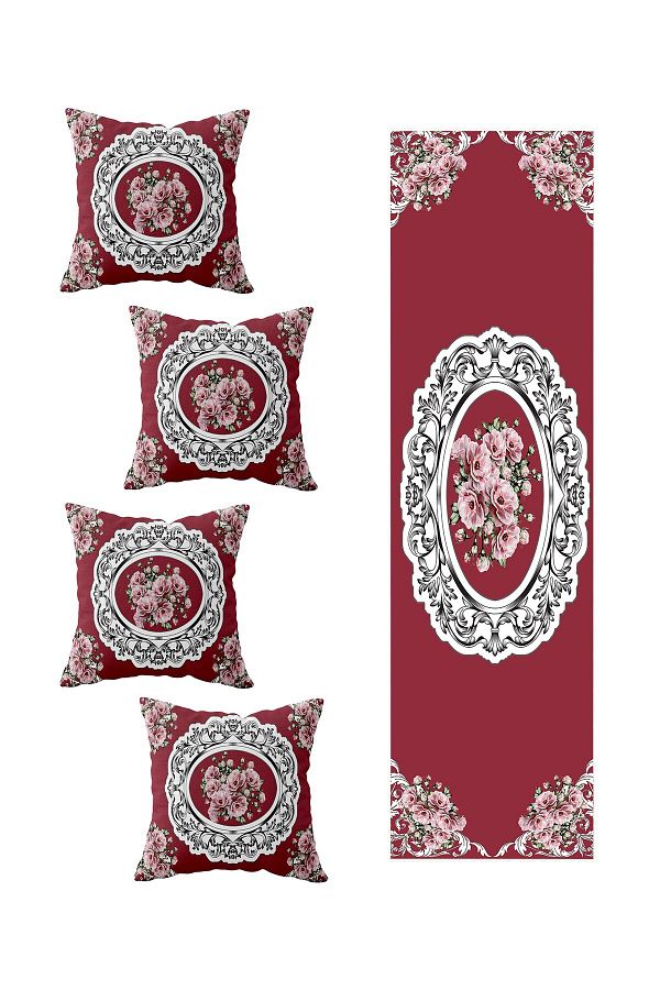 on the clouds-Claret Red Table Different Ranir Models - Rose Frame, 4-Piece Throw Pillow Cover Runner Set 1