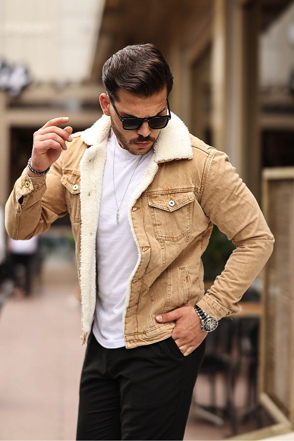 Jean jacket with fur inside mens top