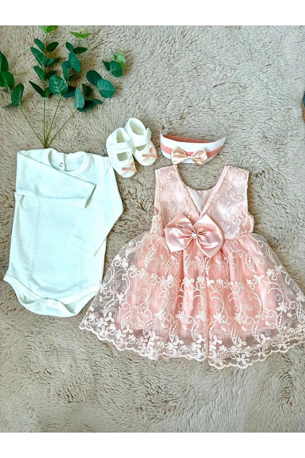 ALYRA 4 Piece Mevlut Set for Newborn Baby Girl Special Occasion Dress with Back Detail Trendyol