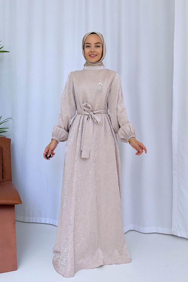 Ka Hijab-Beige Hijab Dress - Brooch Detailed 1