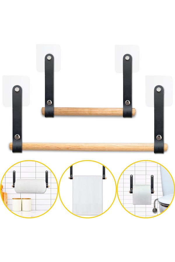 ipekbazaar-Wooden and Leather Toilet Paper Holder - Adhesive Bathroom Paper Towel Holder and Napkin Holder 1