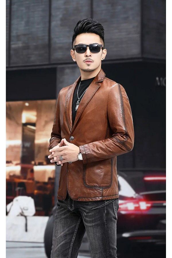 Leather blazer mens slim fit store