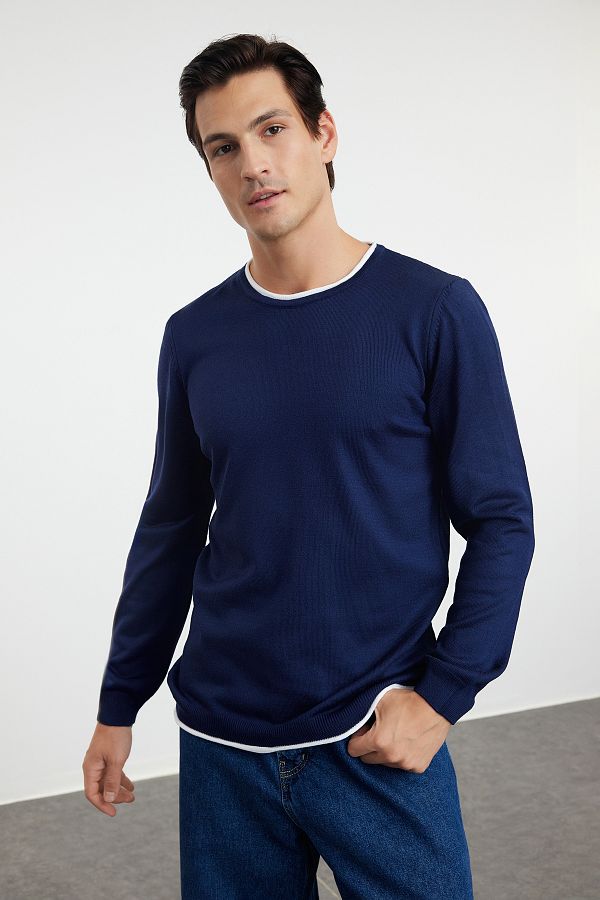 Trendyol Collection-Granatowy męski sweter Slim Fit Slim Fit z kontrastowym kołnierzykiem Tmnaw21Kz2499 1