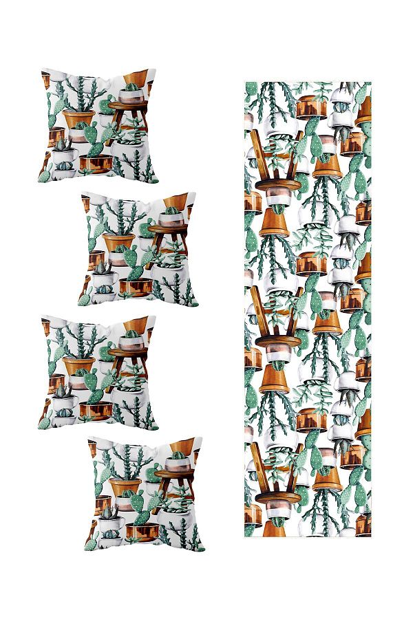 on the clouds-Cactus Patterned 4-Piece Decorative Throw Pillow and Runner Set - Different Ranir Models for Living Room Kitchen Table 1
