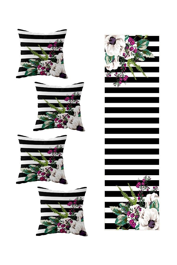 on the clouds-Black Floral Patterned 4-Piece Runner Set - Table Changing Ranir Models 1