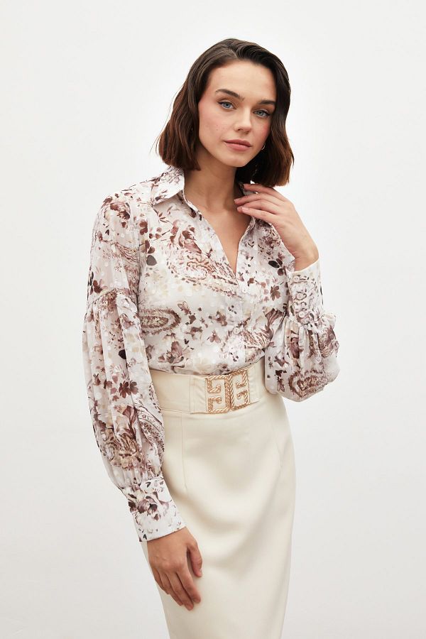 Sateen-Textured Patterned Shirt - Brown 1
