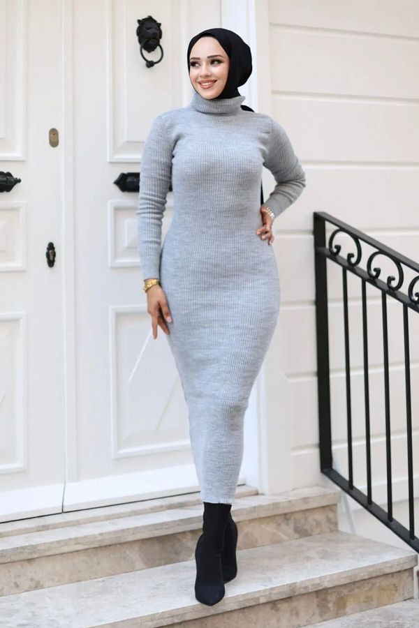 Modestique Corded Acrylic Turtleneck Long Knitwear Hijab Dress Trendyol