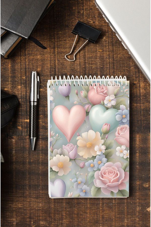 kutuTR-80 Sheets Striped Heart and Rose Patterned Vip Memo Pad - 70gr/m2 Ç-OB05 with Wooden MDF Cover 1