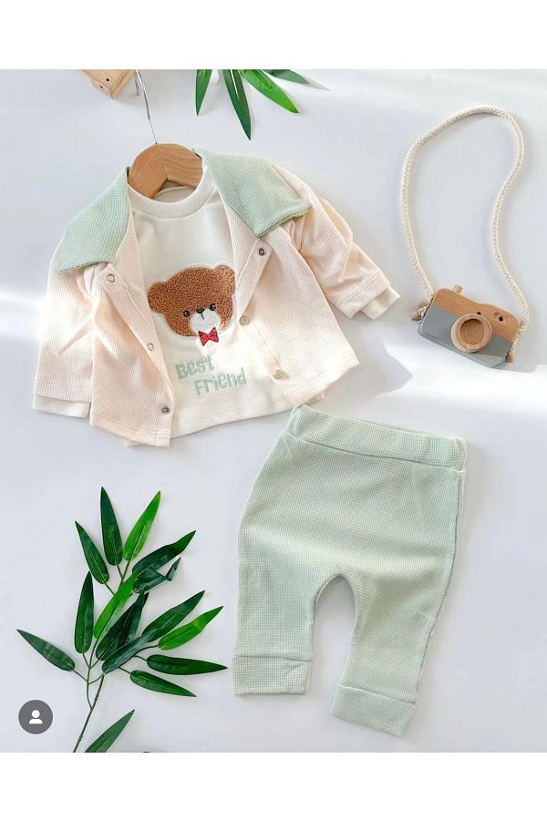 MTL Happy Best Frend Bear Snap Cardigan Waffle to My Seasonal Fabric Set of 3 Trendyol