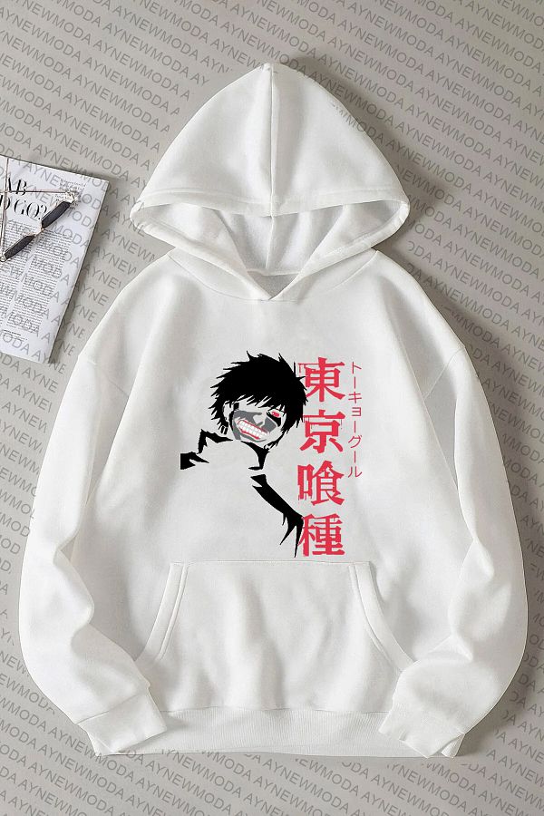 aynewmoda Kaneki Ken Tokyo Ghoul Anime Printed Crew Neck Unisex Oversize 3 Thread Hooded Sweatshirt Trendyol
