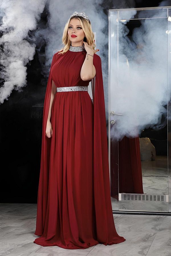 L RA FASH ON Chiffon Design Long Evening Dress with Cape Sleeves and Stone Accessories Trendyol