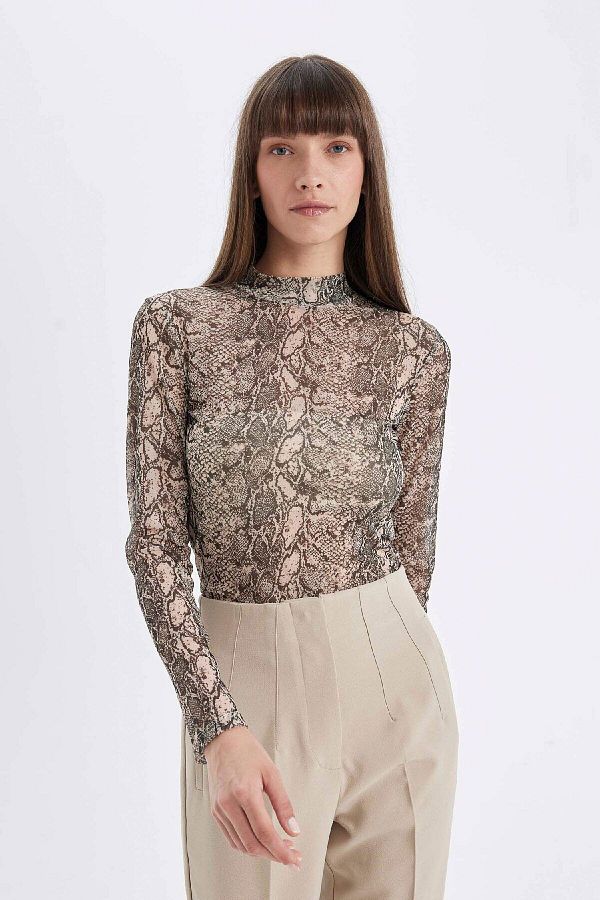 Defacto Slim Fit Slim Fit Half Turtleneck Snake Print Tulle Long Sleeve T Shirt D5505Ax24Au Trendyol