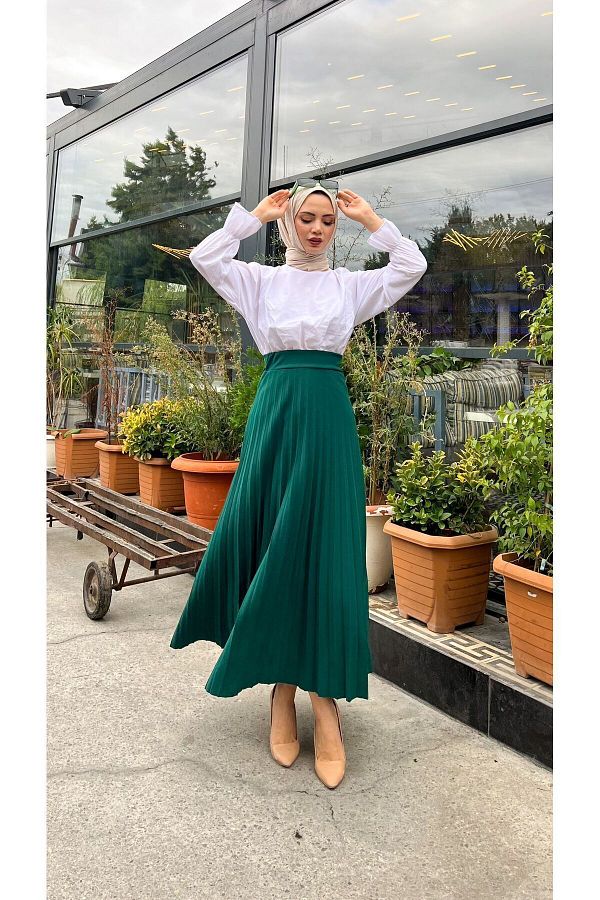 SEM FASH ON Emerald Green Skuba Crepe Pleated Skirt S M L XL Size 36 48 Trendyol