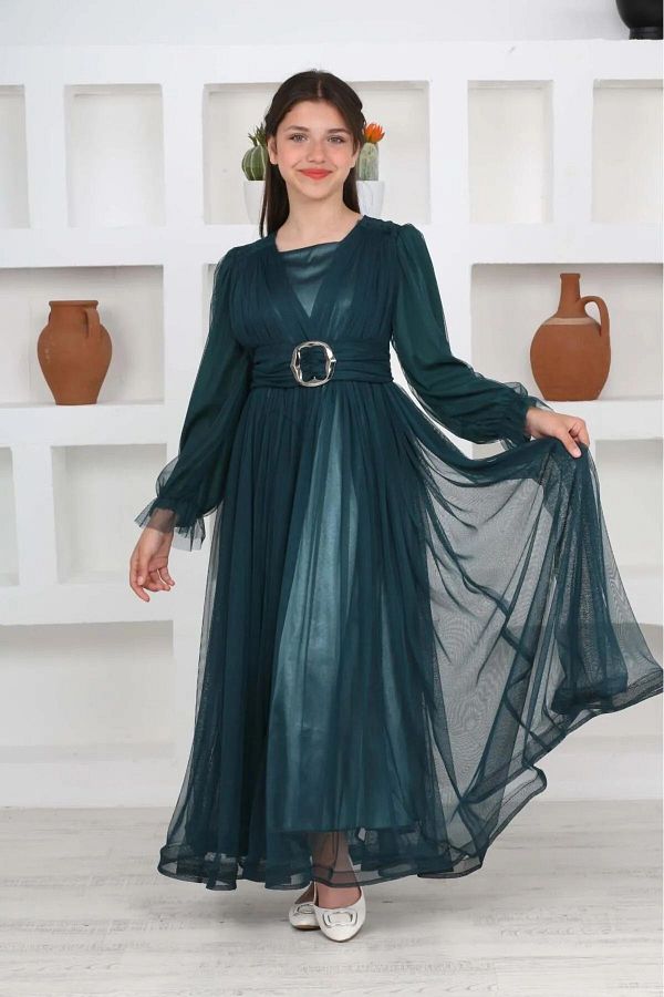 Asortik Kids Emerald Green Long Girls Muslim Evening Dress Trendyol