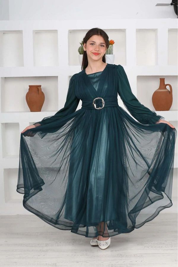 Asortik Kids-Emerald Green Long Girls' Muslim Evening Dress 1