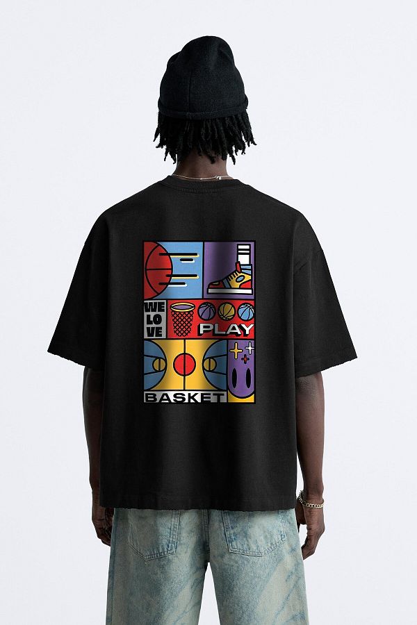 The Champ Clothing-Schwarzes Oversize-T-Shirt für Herren – Aufdruck „We Love Play Basket“ 1