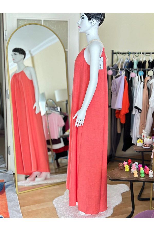 PIKA LIFE Long Coral Rope String Halter Neck Dress Trendyol