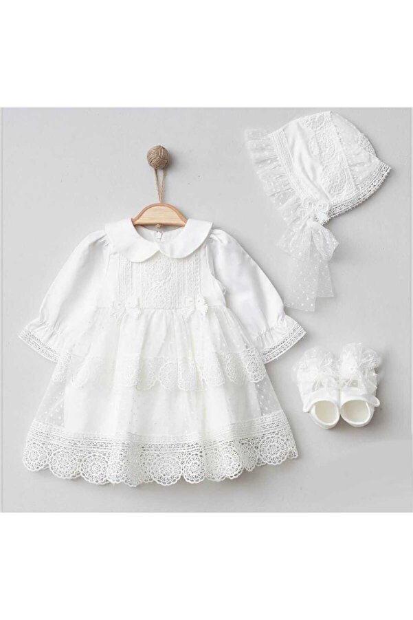 Little Baby Kız Bebek Brodeli Dantelli Elbise Yeni Doğan Lüx Elbise Seti Mevlütlük Takım