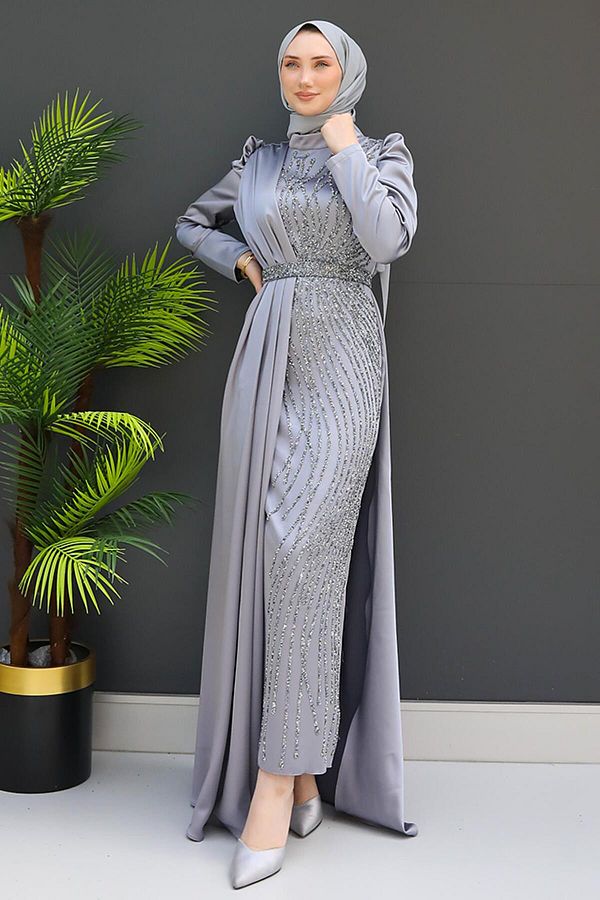 giz astore Dark Gray Clover Cape Evening Dress Trendyol