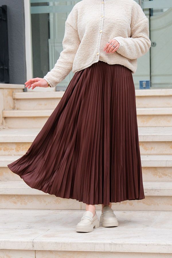 SEM FASH ON Brown Women s Skirt Leather Look Rubber Waist Long Pleated Trendyol