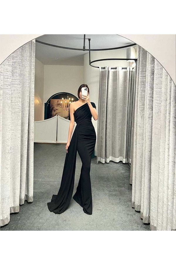 Secret Passion Lingerie One Shoulder Black Crepe Dress Side Tail and Fish Cut Detail 684 Trendyol