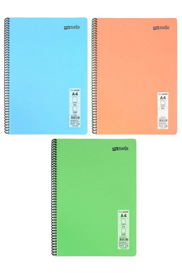 Mynote-A4 Spiral School Notebook - 3 Different Colors, Pp Cover, 60 Sheets Checkered (3 Pcs) 1
